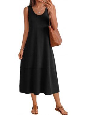 Women's Black Cotton Midi Sleeveless Dress Trendy Beach Casual Long Sundress